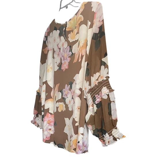 CALVIN KLEIN LONG BALLOON SLV RND NECK HI-LOW BLOUSE, WOMENS-XL-BROWN WHITE PINK - Picture 8 of 12